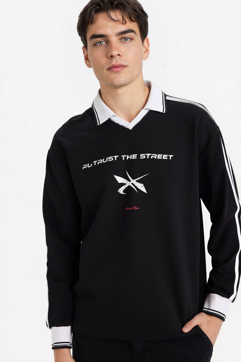 DeFacto Black Man Breathable Boxy Fit Printed Sweatshirt Casual - Image 1